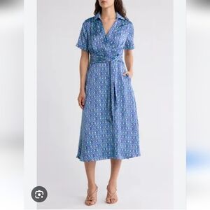Tahari ASL Blue Printed Shirt-Collar Faux Wrap Midi Dress Size 12